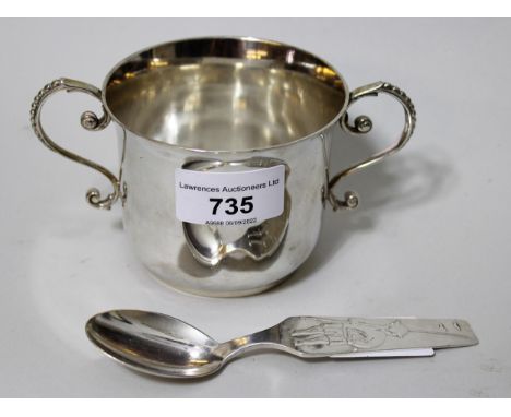 Victorian silver two handled porringer, London, 1887, 5 troy oz. together with a Scandinavian (813 mark) caddy spoon 