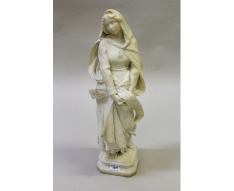 Late 19th / early 20th Century marble figure of a girl wearing a hooded cloak, carrying a banner inscribed ' Fides spes carit