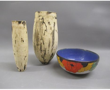 Two 20th Century Art pottery tapered vases and a Royal Doulton stoneware bowl with tubeline floral decorationSmall chips to r