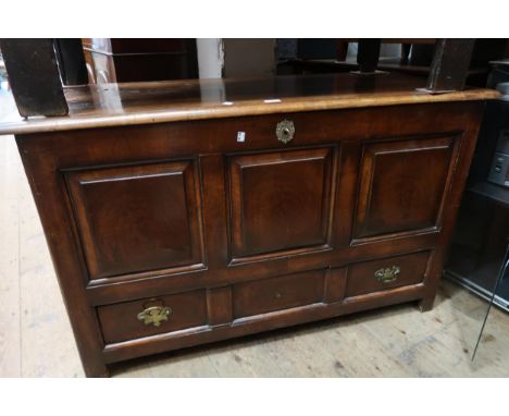 19th Century Continental walnut coffer, the hinged top above three panel front with drawers below, 49ins x 20.5ins x 30.5ins 
