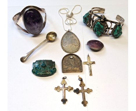 Two silver bangles, various white metal crosses, silver and enamel brooch etc. 