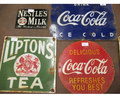 Small enamel sign for Coca Cola, 11ins x 16ins approximately, together with another Lipton's Tea, 11.75ins x 12ins, circular 