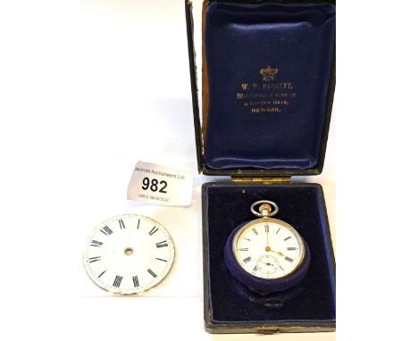 Continental silver cased keyless fob watch in original box, together with an enamel watch dial 