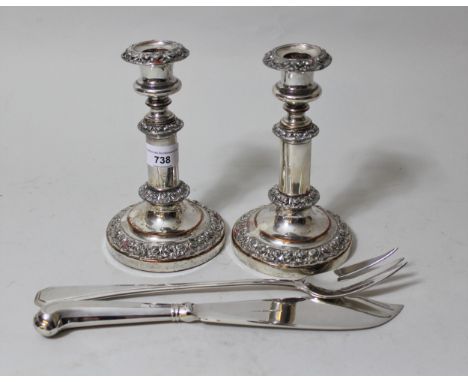 Pair of 19th Century plated on copper adjustable candlesticks, plated fish server, large plated salad fork and a small quanti