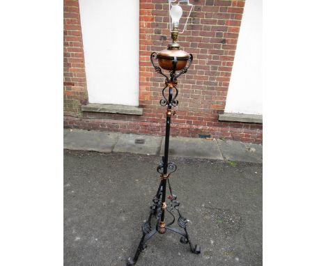 Early 20th Century wrought iron and copper lamp standardNot working, needs re-wiring. 