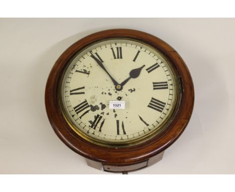 19th Century circular mahogany wall clock, the painted dial with Roman numerals, with a single train fusee movement (the dial