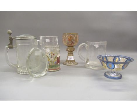 Continental enamel decorated glass goblet in antique style, a similar beaker, commemorative mugs, small blue flash and gilt p