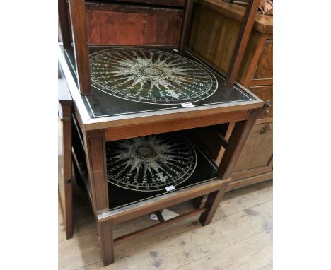 Pair of late 20th Century mahogany black line inlaid coffee tables with compass inset glass and brass tops 