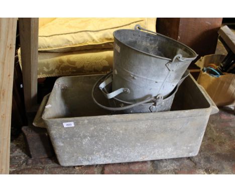 Large rectangular aluminium two handled trough, together with two anodised buckets 