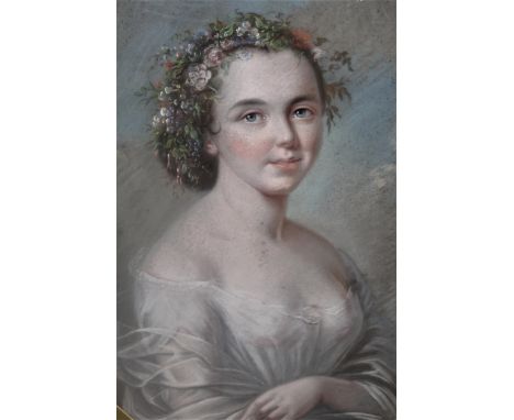 19th Century oval pastel portrait of a bride, wearing a floral garland in her hair, 28ins x 21ins, gilt framedHas a layer of 