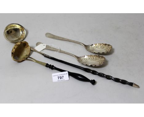 Pair of Sheffield silver berry spoons, antique silver toddy ladle with twisted whale bone handle and an antique shell toddy l