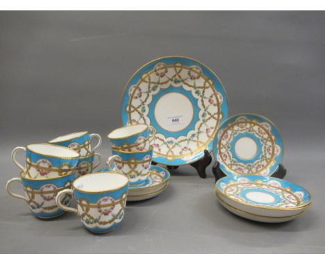 19th Century Mintons part tea service, with floral decoration on a turquoise groundThree cups in good conditionAnother three 