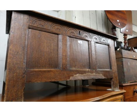 Small 18th Century oak coffer, the hinged plank top above three panel front, 38ins x 19ins x 21ins high 