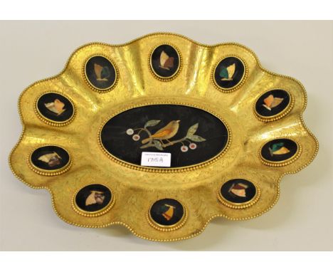 Oval 19th Century ormolu shallow dish inset with eleven pietra dura panels, depicting a bird and various moths, 15ins x 12.5i