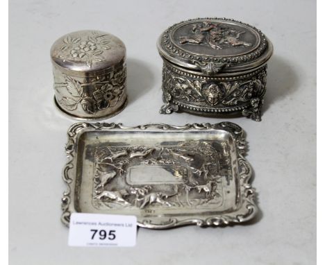 Continental silver (800 mark) cylindrical box and cover, miniature Continental white metal tray and a miniature Continental s
