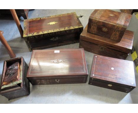 George III mahogany tea caddy, together with a collection of other miscellaneous 19th Century boxes (all for restoration)Bras