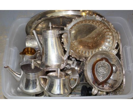 Three piece silver plated tea service, together with a quantity of other plated items, including trophy cupsGenerally in good