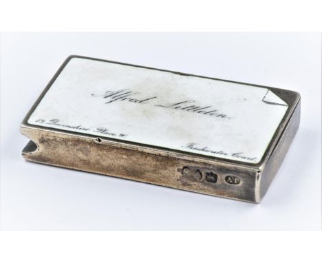 Late Victorian silver and enamel vesta case in the form of a calling card ' Alfred Littleton, 19 Devonshire Place, Freshwater