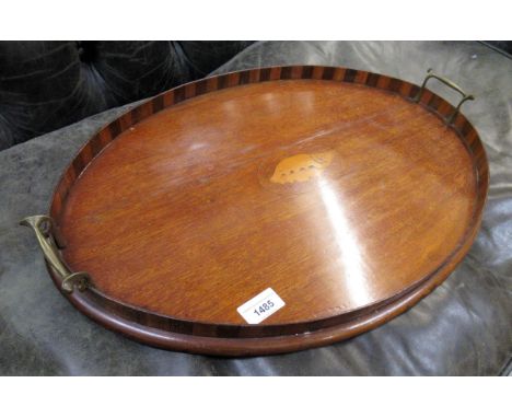 Oval mahogany galleried tray with brass end handles, together with a small walnut mantel clock 