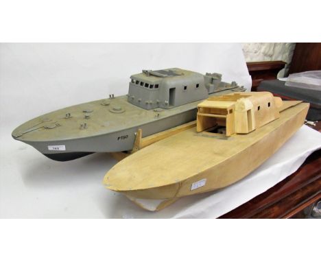 Two 1:16 scale part built wooden model British motor boats (one without motor, at fault) 