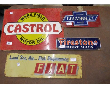 Small enamel sign for Castrol Motor Oil, 15ins x 18ins together with another Fiat, 6ins x 19.75ins and two other small signs 