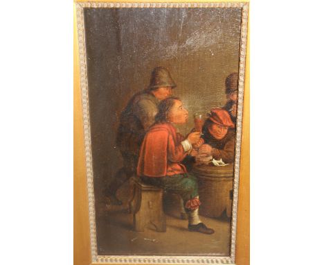 Late 18th / early 19th Century oil on oak panel, drinkers in an interior, 11ins x 6ins 