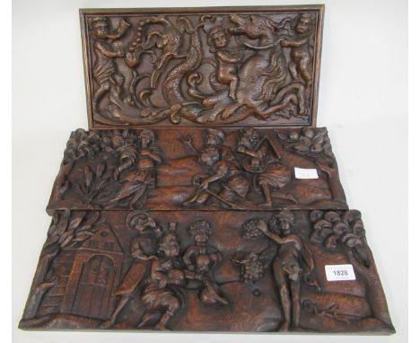 Pair of 19th Century Flemish carved oak panels depicting agricultural scenes, 7ins x 19ins together with another similar pane