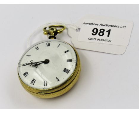 Gilt metal cased verge watch by Thomas Ryan, Dublin, No. 3255, the enamel dial with Roman numerals, case diameter 42mm 
