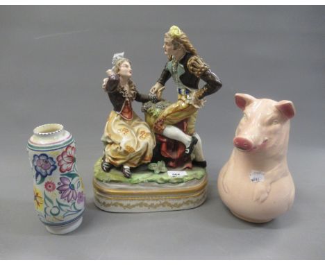 Hispania porcelain figural group, 14ins high, together with a French pottery pig form jug and small Poole pottery vase 