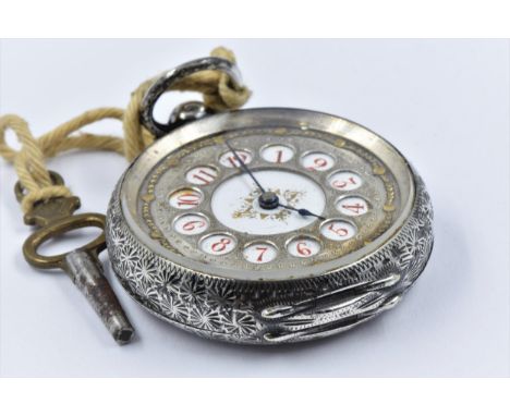 Silver (935 mark) fob watch with engraved case, the enamel dial having Arabic numerals 
