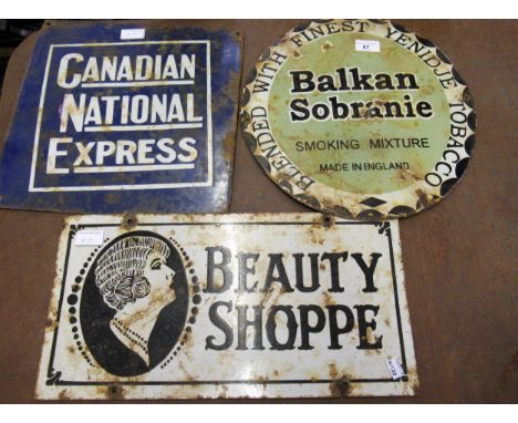 Small circular enamel sign for Balkan Sobranie, 14ins diameter together with another ' Beauty Shoppe ', 9ins x 18ins and anot