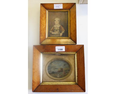 Two small 19th Century watercolours, figures harvesting and portrait of a seated lady, both maple framed, 4.5ins x 3.5ins app