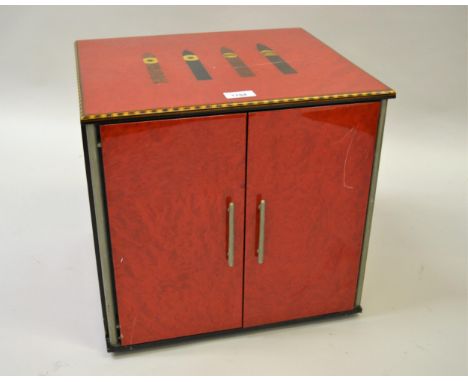 21st Century Prometheus red lacquered humidor, with two flush panel doors enclosing four drawers, dated 2001, made in France,