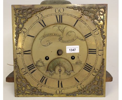 Late 18th Century brass dial eight day clock movement with calendar by Charles Read, Helstone, with an 11in dial 