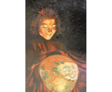 J. B. Rogers, signed early 20th Century oil on millboard, portrait of a young lady with a lantern, ornate gilt frame, 8ins x 