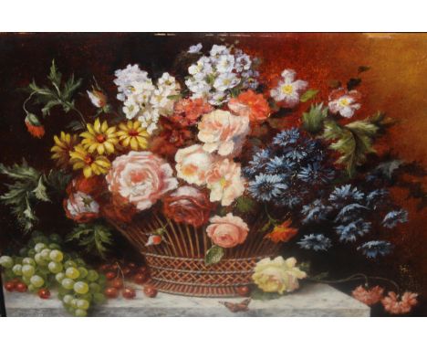 R. Waite, 20th century oil on panel, basket of flowers and fruit on a stone ledge, signed, 9.5ins x 13ins, framed 