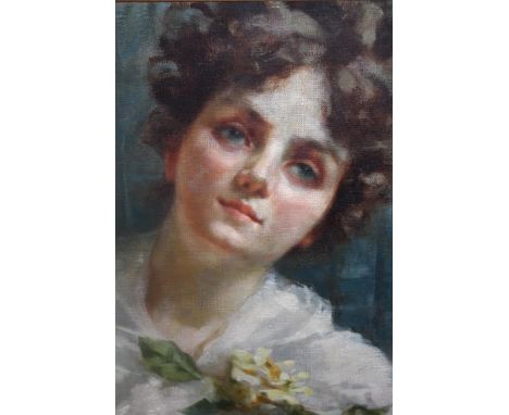 Early 20th Century oil on canvas, head and shoulder portrait of a young lady with a yellow rose, 20ins x 16insCoarse texture 