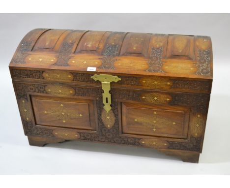 Reproduction Middle Eastern carved hardwood and brass inlaid dome top trunk, 36ins x 18ins x 22ins high 