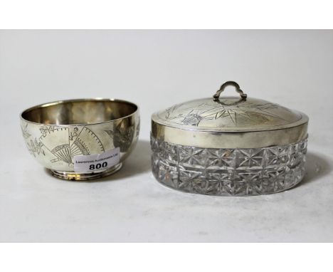 Small Victorian silver bowl engraved in Japanese style, 4ins diameter, 3oz together with an oval cut glass trinket box with w