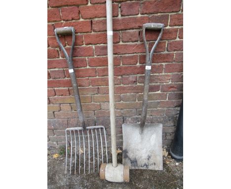 Garden coke fork, a large shovel and a large mallet 