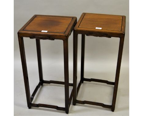 Pair of late 19th / early 20th Century Chinese hardwood lamp tables, the square tops above shaped friezes and square cut supp