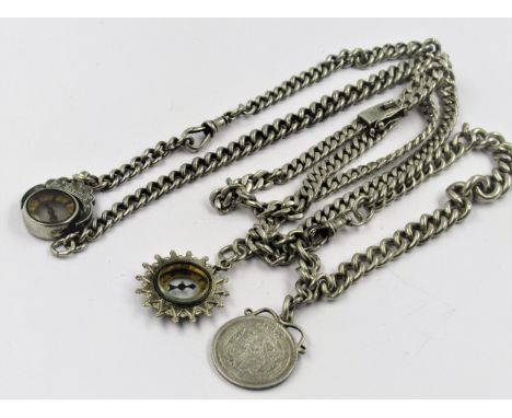 Two silver curb link Alberts with attached compass fobs, together with a silver curb link necklace 