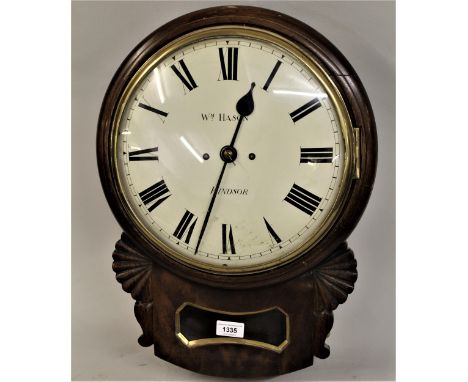 19th Century mahogany circular drop-dial wall clock, the enamelled dial with Roman numerals inscribed W. Hason Windsor, with 