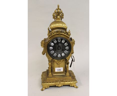19th Century French gilded spelter mantel clock, the silvered dial with enamel numerals and a two train movement striking on 