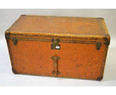 Large Louis Vuitton leather mounted orange linen covered cabin trunk No.789660, the hinged cover enclosing four lift-out tray