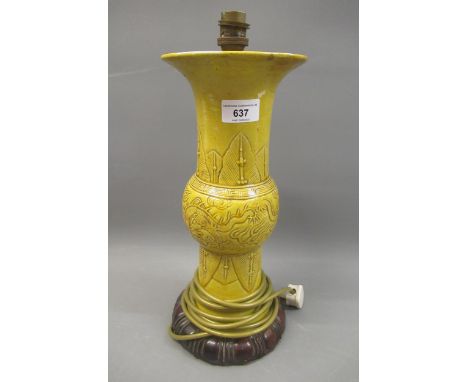 Chinese yellow glazed vase with incised dragon decoration, (converted to table lamp), 13.5ins high 