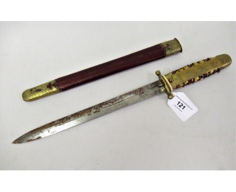 Late 19th / early 20th Century Japanese or Chinese short sword with a steel blade and brass mounted wire bound turtle shell g