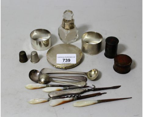 Two silver napkin rings, silver compact, various sewing items, plated mustard spoons and two small tartan ware boxes 