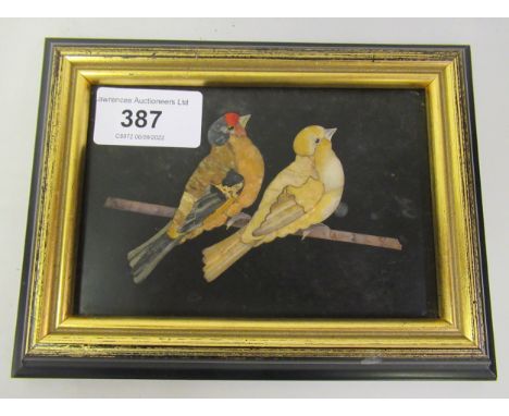Small 19th Century Italian pietra dura panel depicting two birds on a branch in a modern ebonised and gilt frame, 3.5ins x 5i