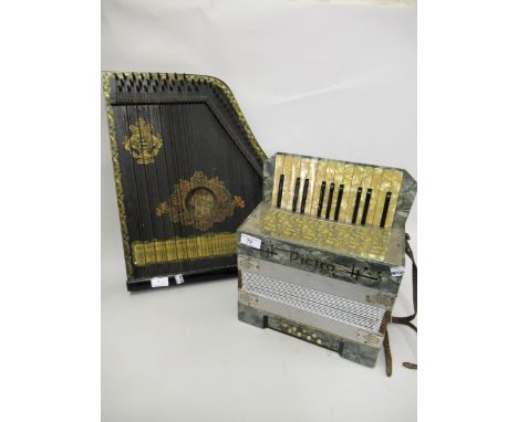 Child's Pictro German piano accordion, together with a wooden zither 